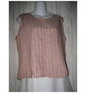 Jeanne Engelhart FLAX Red Striped Linen Button Shirt Tunic Top Petite P