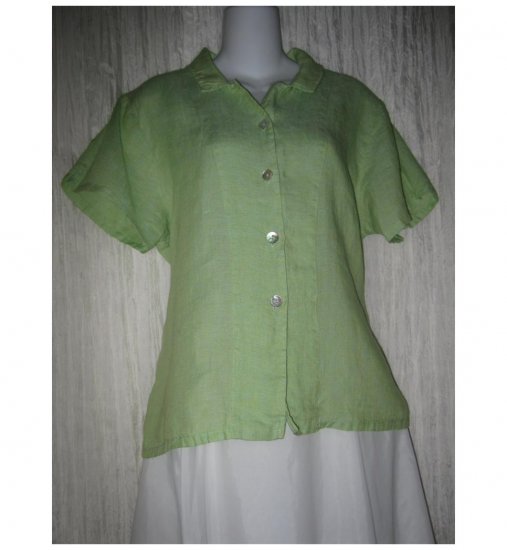 Jeanne Engelhart FLAX Green Linen Button Shirt Tunic Top Small S