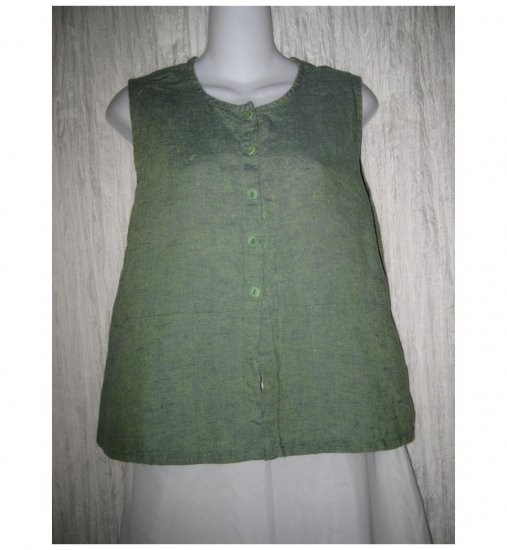 Jeanne Engelhart FLAX Green Linen Button Shirt Tunic Top Small S