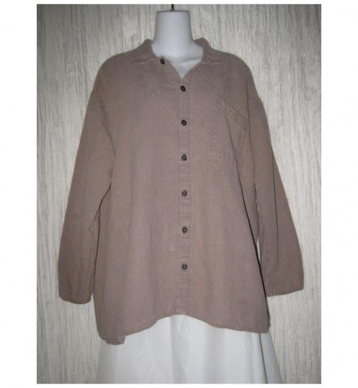 Jeanne Engelhart FLAX Brown Linen Button Shirt Tunic Top Large L