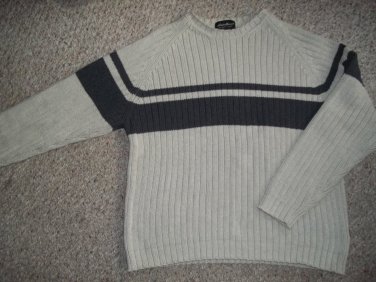 EDDIE BAUER Tan and Gray Striped Sweater Mens LARGE