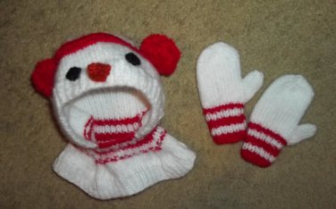 Handmade Red and White Snowman Hat and Mittens Fits up to 12 months Unisex
