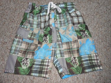 CHEROKEE Brown Plaid and Tropical Print Trunk Style Board Shorts Boys Size 6-7