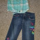 Green Plaid MUDD Crop Top CIRCO Butterfly Embellished Capri Jeans Size 7 (#995)