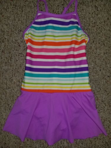 LANDS END Purple Striped Lined One Piece Skirted Bathing Suit Girls Size 8