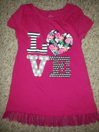 FADED GLORY Pink Tulle Trim LOVE Short Sleeved Top Girls Size 6 (#1008)