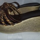 Brown and Gold Braided Wedge Platform Sandal Ladies 38 Size 7.5