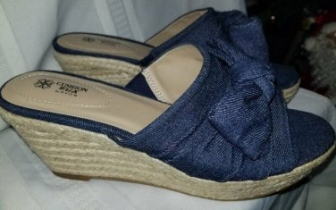 Avon CUSHION WALK Denim Straw Wedge Bow Trim Sandals Ladies Size 8