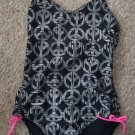 SO Black and Silver Retro Peace Sign Print One Piece bathing Suit Girls Size 12