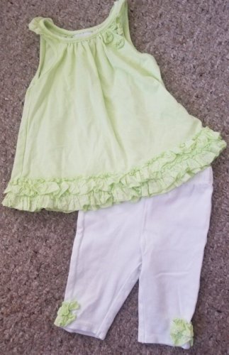 SAVANNAH Green and White Ruffled Trim Capri Pant Set Girls 6-9 months