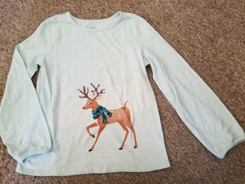 SONOMA Blue Green Long Sleeve Sparkly Sequin Reindeer Top Girls Size 12