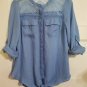 CANDIE’S Lacy Blue Tie Front Adjustable Sleeve Blouse Ladies SMALL