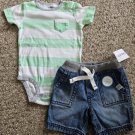 CARTER’S Green Striped Bodysuit NWT Denim Shorts Boys 12 months
