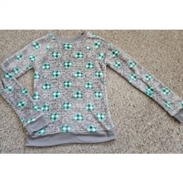 CAT & JACK Soft Plush Gray Green Heart Print Pullover Top Girls Size 14-16