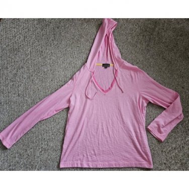 LANDS END Pink Pinstriped Hooded Long Sleeved Pullover Ladies XL 18 - 20