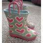 OUTEE Green and Pink Heart Print Waterproof Boots Youth Girls Size 8