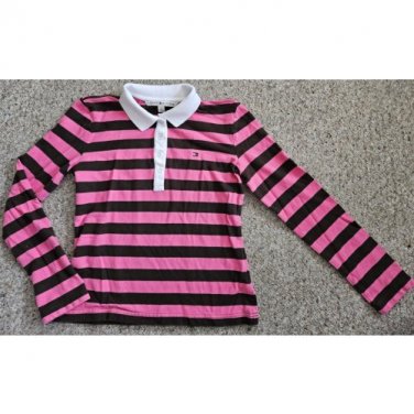 TOMMY HILFIGER Pink and Brown Striped Long Sleeved Rugby Top Ladies Medium