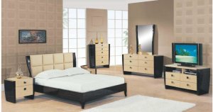 Two-Toned Biege / Dark Mahogany Modern Simone Bedroom Set