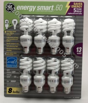 Fluorescent Bulbs by GE 8-Pack 13 Watt bulbs with 60 watt Output Save Electricity NIB