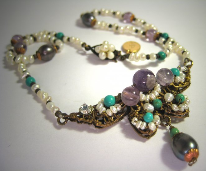 Designer Necklace by J. Wass Amethyst Pearl Turquoise on Vintage Filigree