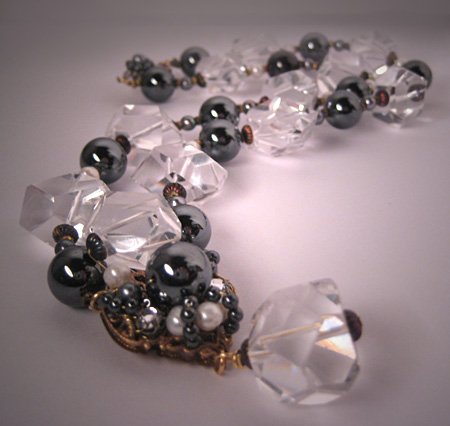 Designer Necklace by J. Wass in Rock Crystal, Hematite and Pearls