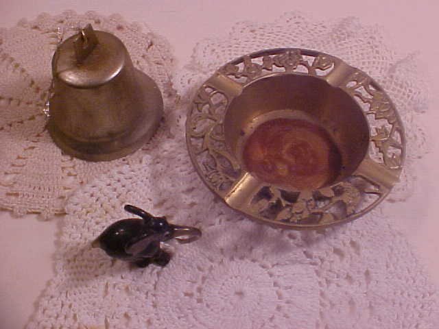 LOT OF ANTIQUE ITEMS BRASS ASHTRAY BELL FIGURINE