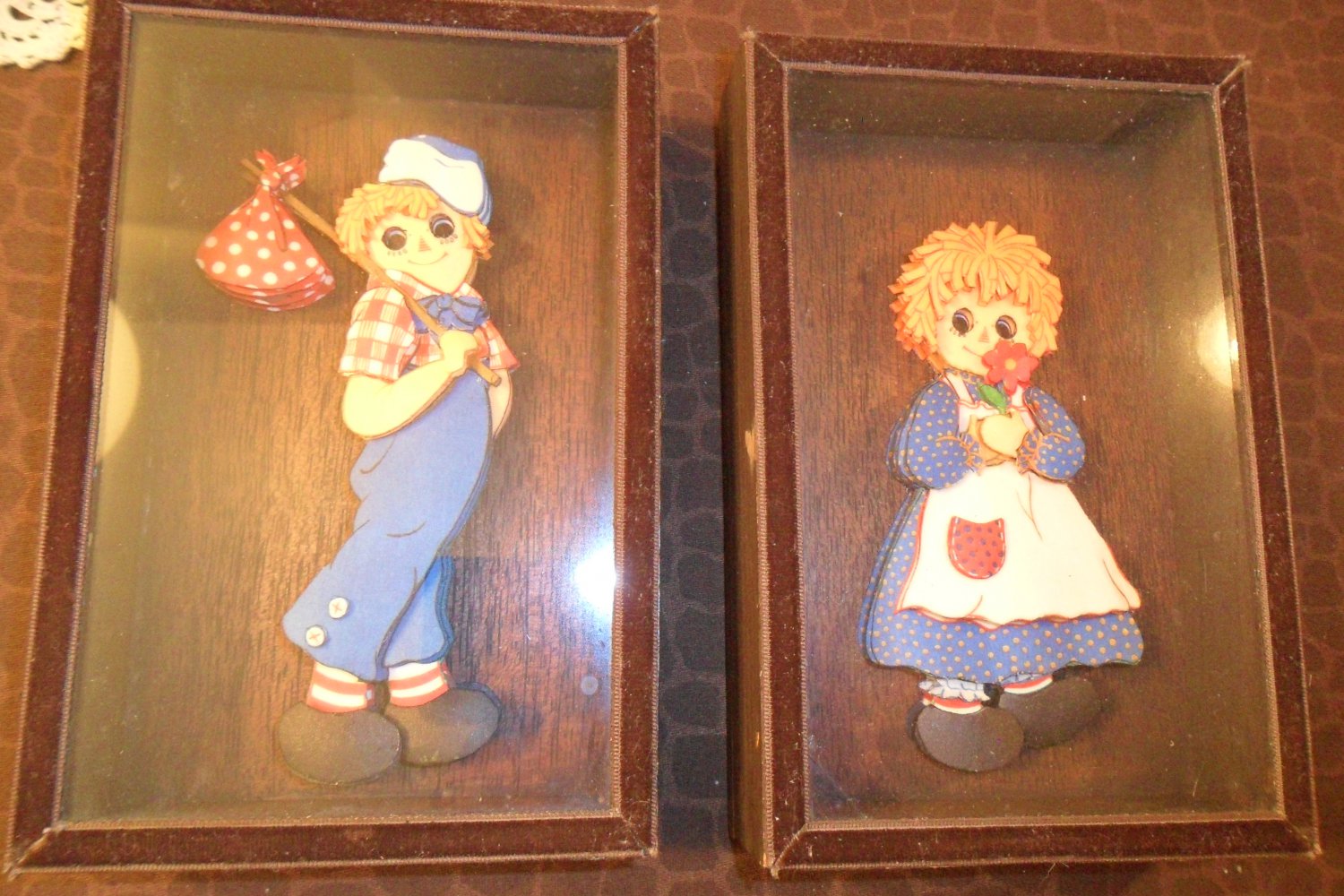 2 Vintage Shadow Box Wood Glass Frame Raggedy Andy 3D Picture