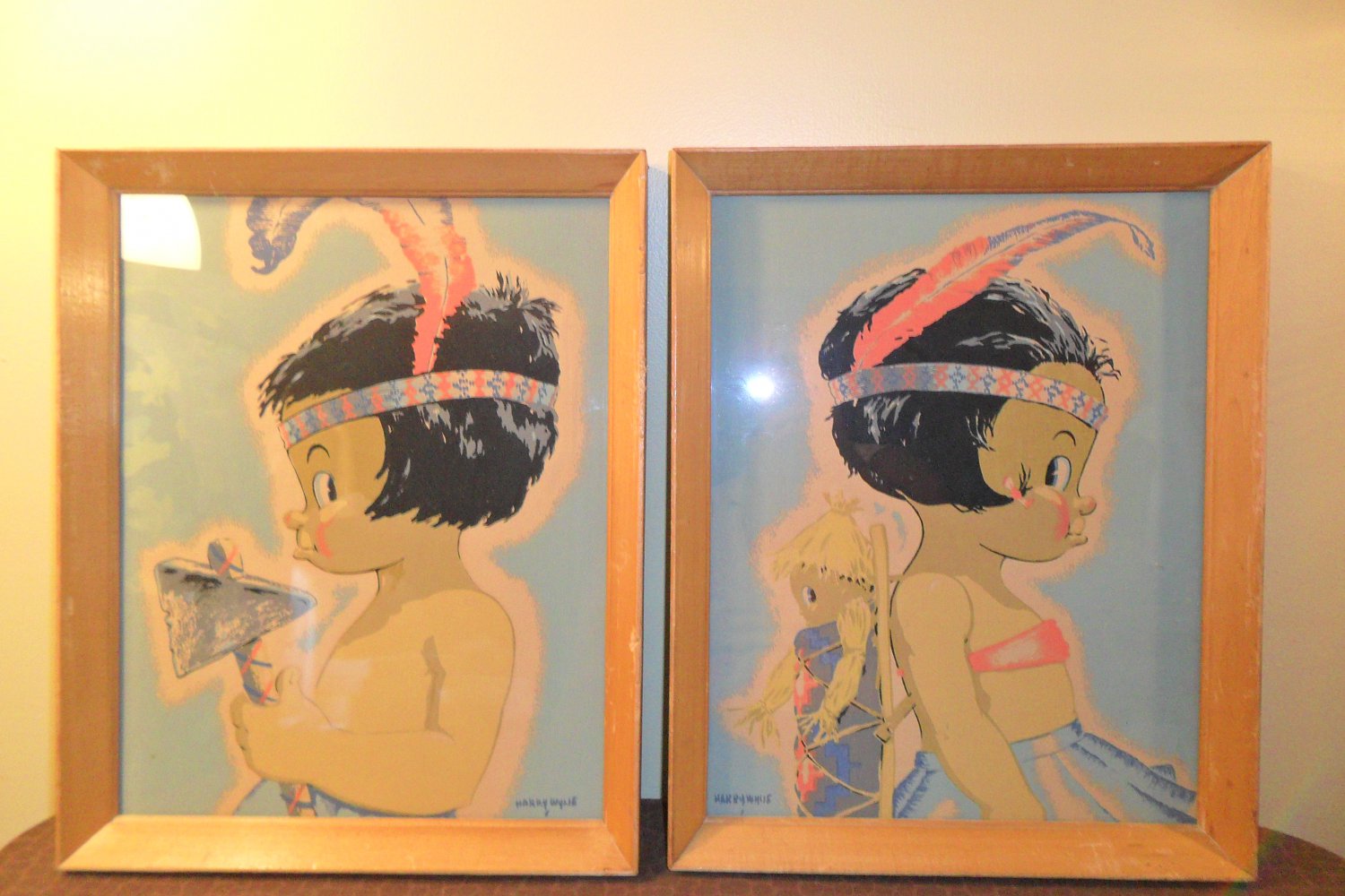 Set Of 2 Vintage American Indian Boy And Girl Signed Harry Wylie Framed Art