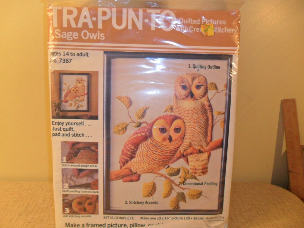 NIP Design R Crafts Tra-Pun-To Quilted Pictures with Crewel Stitchery "Sage Owls" Kit