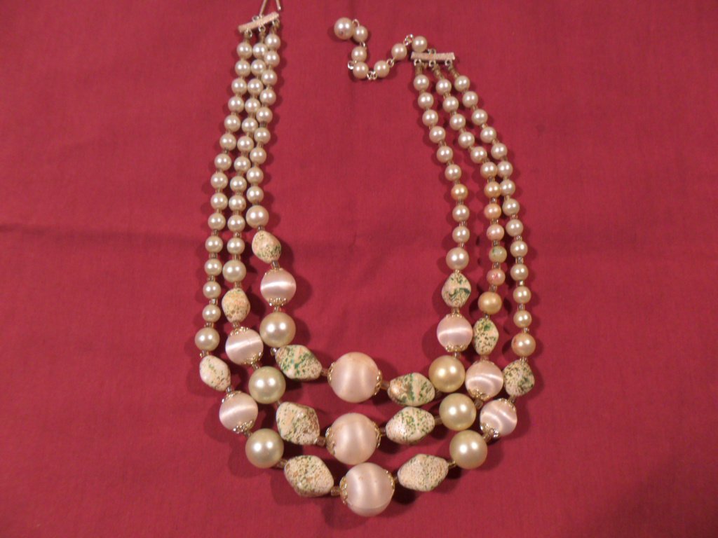 Vintage Triple-strand Gold-tone Beaded Choker Necklace 16"