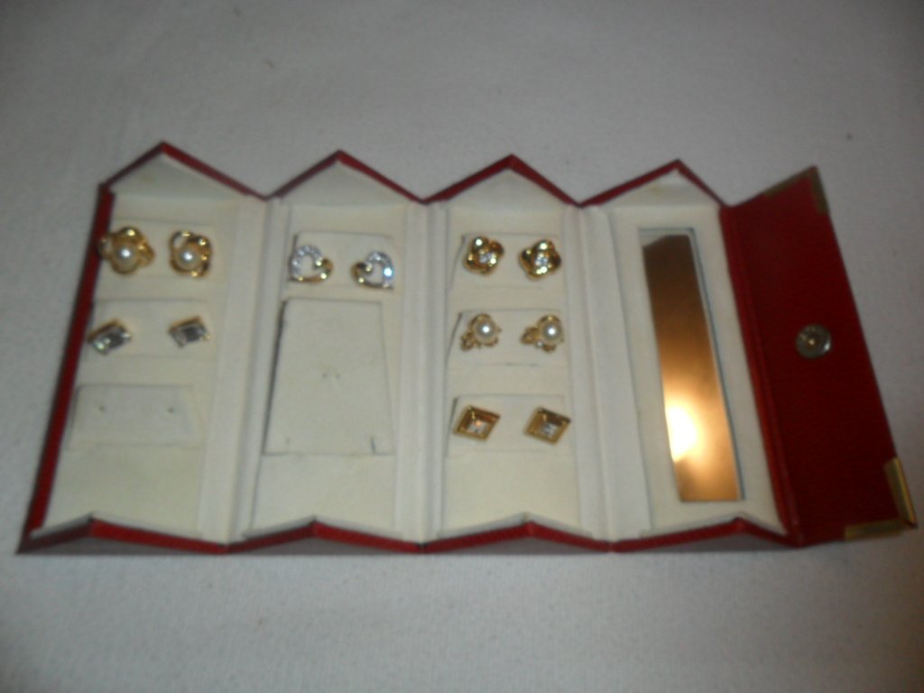 Gold Post Earrings Vintage in red case 6 pairs