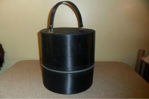 Vintage 50s Black Round Hat Box / Wig Carry On Case Luggage Suitcase