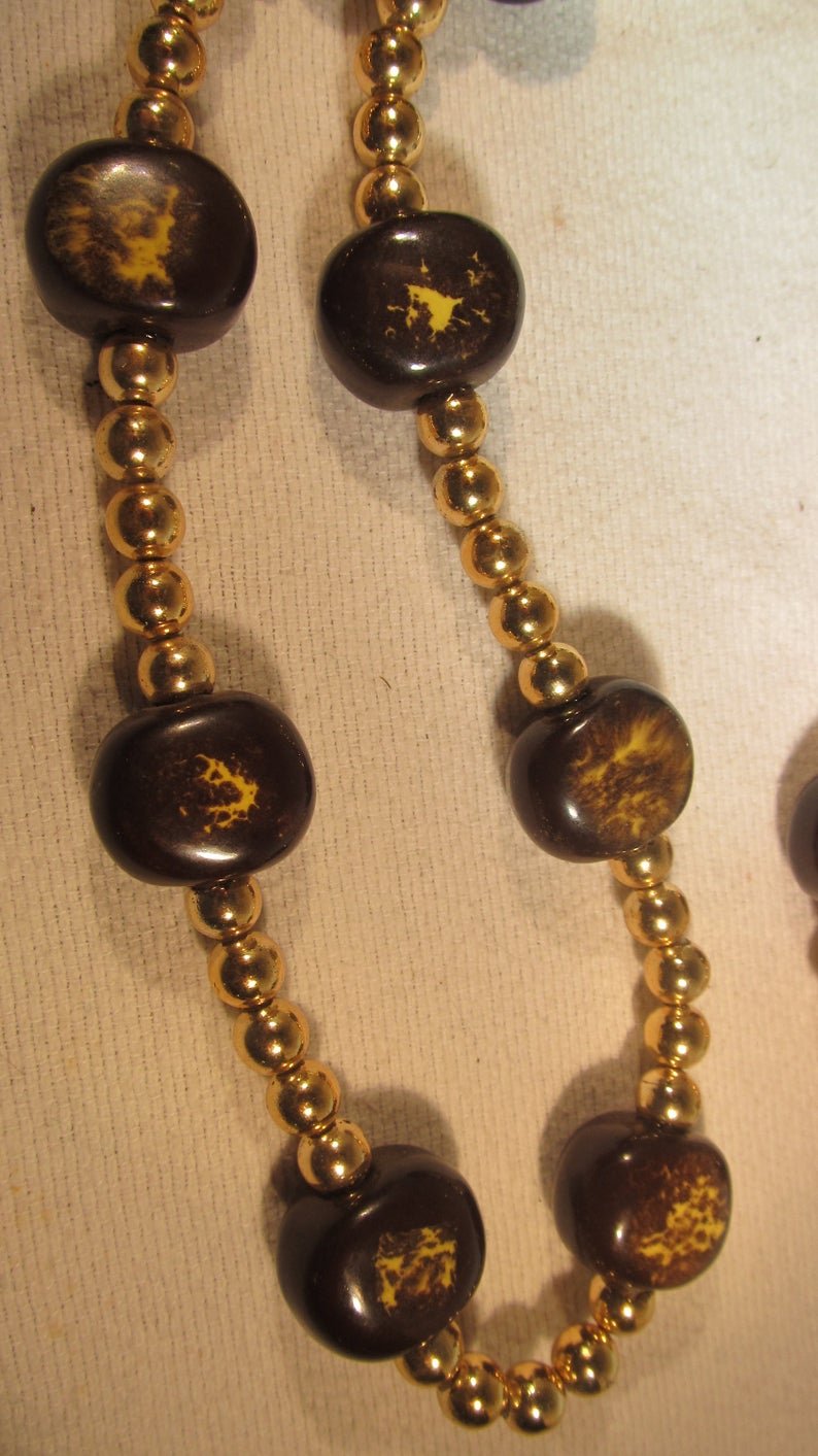 Vintage Chunky Jumbo Long Beaded Necklace 34" Gold Tone
