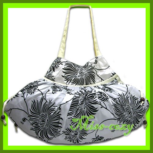 THAI SILK HAND SHOULDER BAG WHITE FLORAL VELVET HOBO / B101