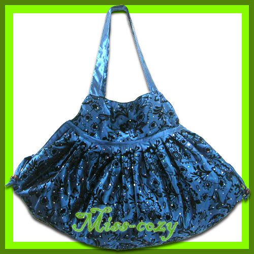 THAI SILK VELVET HAND SHOULDER BAG BLUE FLORAL HOBO / B120