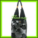 THAI SILK SHOULDER BAG GRAY-SILVER BIG FLORAL TOTE HOBO / B141