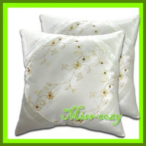 2 THAI SILK CUSHION CASE PILLOW COVER WHITE FLORAL / 1137