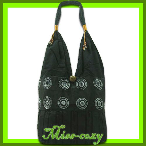 THAI SILK EMBROIDERED SHOULDER BAG BLACK HIPPIE TOTE HOBO / B128
