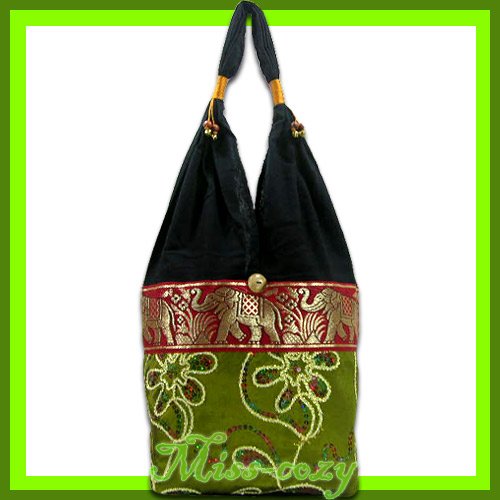 THAI SILK SHOULDER BAG HOBO GREEN EMBROIDERED TOTE / B153