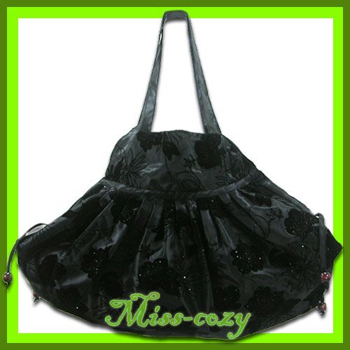 THAI SILK SHOULDER HANDBAG BLACK BIG FLORAL HIPPIE HOBO / B115