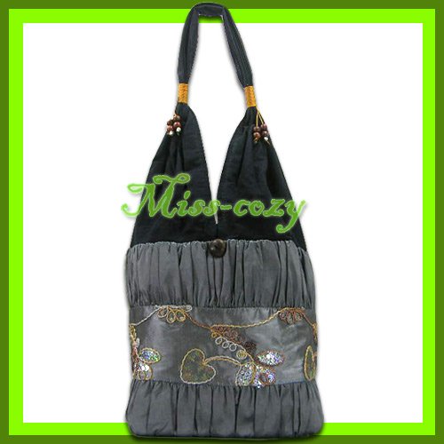 THAI SILK SHOULDER BAG HOBO GRAY EMBROIDERED TOTE / B155