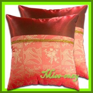 2 THAI SILK THROW CUSHION CASE PILLOW COVER RED-ORANGE / 1147