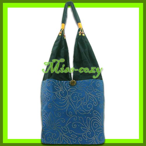 THAI SILK HANDBAG SHOULDER BAG HOBO AQUA GOLD TOTE / B157