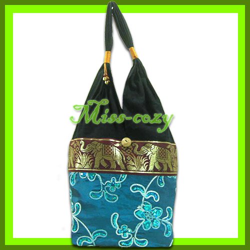 THAI SILK SHOULDER BAG HOBO TURQUOISE EMBROIDERED TOTE HANDBAG / B165