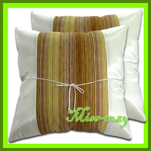 2 THAI SILK CUSHION CASE THROW PILLOW COVER WHITE/BROWN / 1225