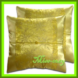 2 THAI SILK CUSHION CASE PILLOW COVER GOLD FLORAL SOFA / 1208
