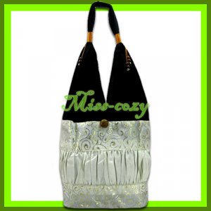THAI SILK HAND SHOULDER BAG WHITE GOLD TOTE HOBO / B160