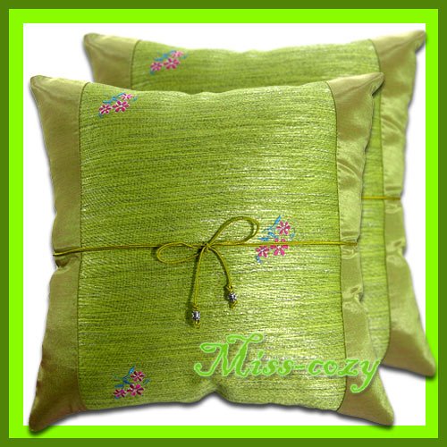 2 THAI SILK CUSHION CASE PILLOW COVER GREEN FLORAL / 1153