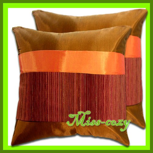 2 THAI SILK CUSHION CASE PILLOW COVERS BROWN/ORANGE / 1185