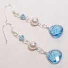 Aquamarine Briolette Teardrop and White Pearl Drop Wedding Jewelry Earrings
